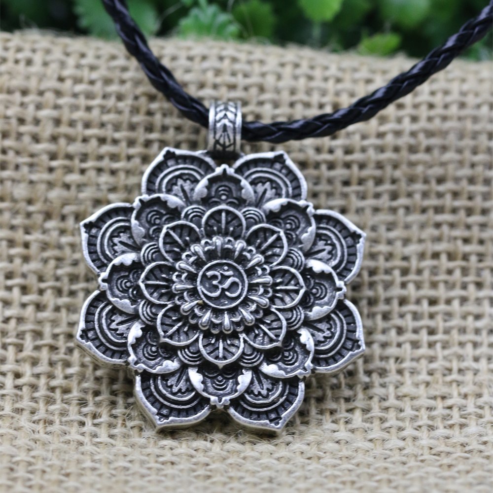 Antique Silver Lotus Mandala Pendant Necklace