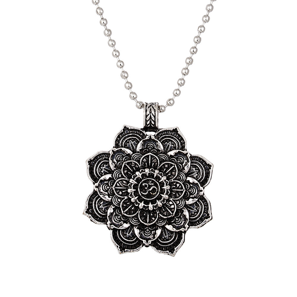 Antique Silver Lotus Mandala Pendant Necklace