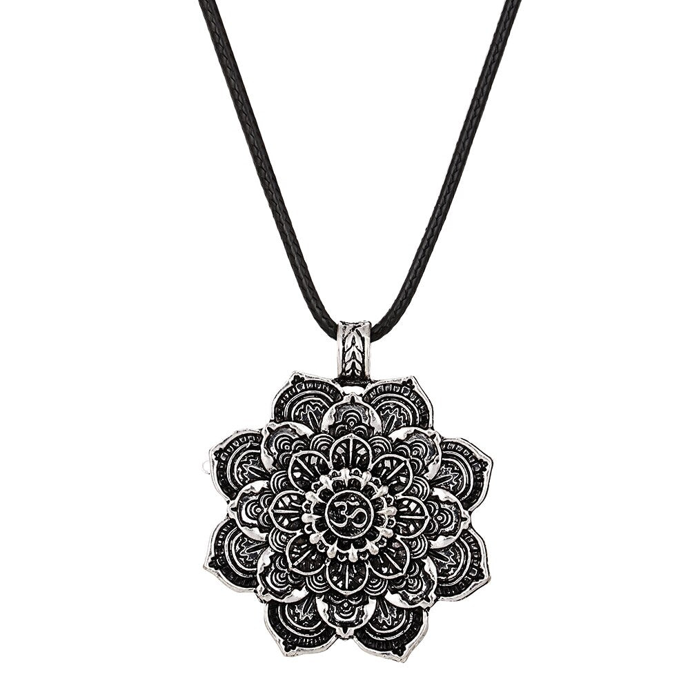 Antique Silver Lotus Mandala Pendant Necklace
