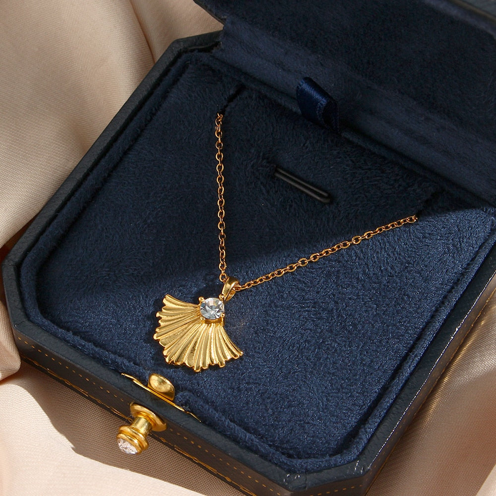French Ginkgo Crystal Pendant Necklace